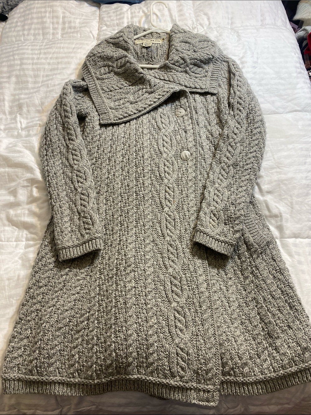 Aran Mor Merino Wool Chunky Cable Knit Long Cardigan Sweater - Light Gray